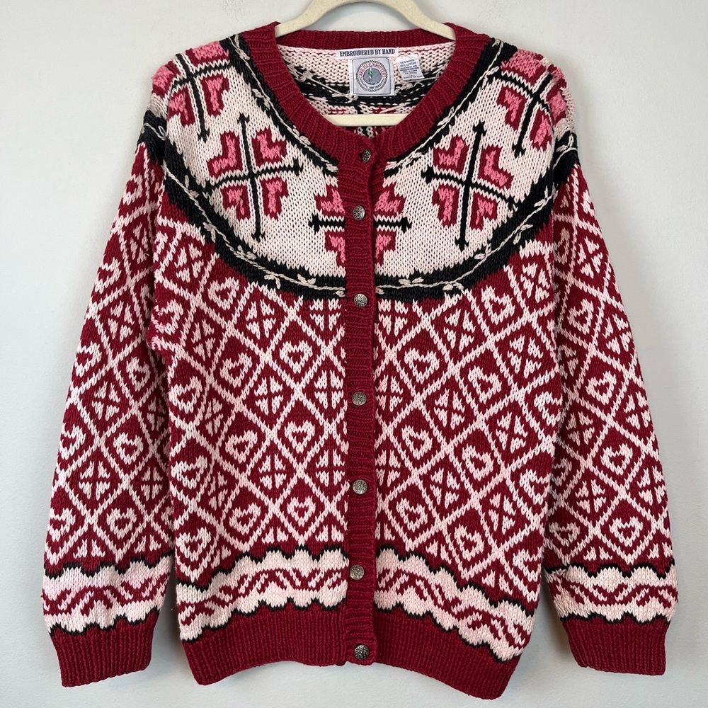 Vintage Cape Isle Knitters Colorful Cardigan Sweater Hand Embroidered L